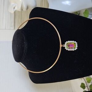Gold Choker Necklace with Rainbow AB Square Pendant New